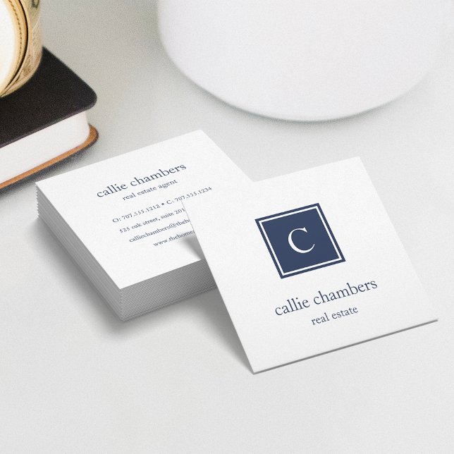 Navy Blue and White Monogram Square Business Card (Creator Uploaded)