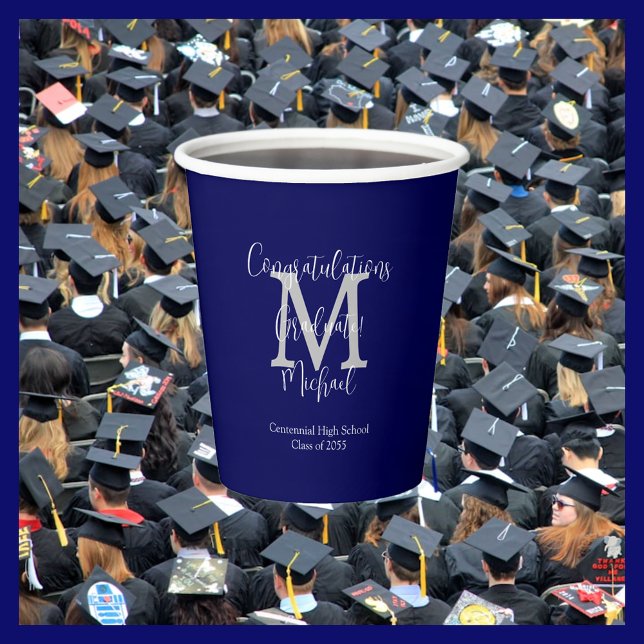 Navy Blue and White Monogrammed Graduation Party Paper Cups (Creator Uploaded)
