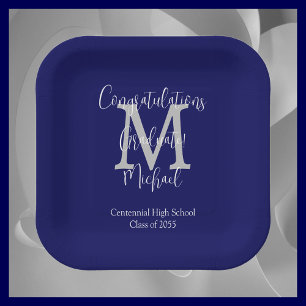 Navy Blue and White Monogrammed Graduation Party Paper Plate