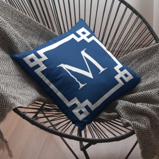 Navy Blue and White Monogrammed Greek Key Border Cushion