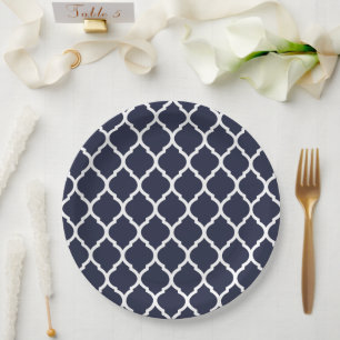 Navy Blue and White Moroccan Quatrefoil Paper Plate