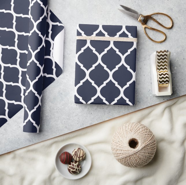 Navy Blue and White Moroccan Quatrefoil Print Wrapping Paper (Crafts)