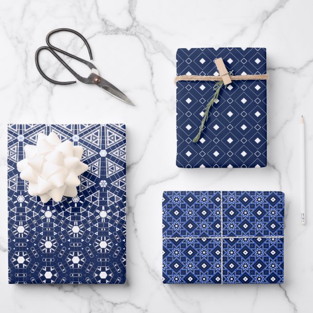 Navy Blue and White Mosaic Wrapping Paper Sheet (Front)