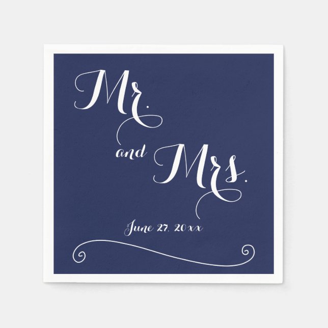 Navy Blue And White Mr. and Mrs. Wedding Napkins (Front)
