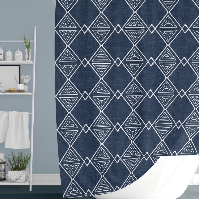 Navy Blue and White Mudcloth Inspired Tribal Print Shower Curtain (Creator Uploaded)
