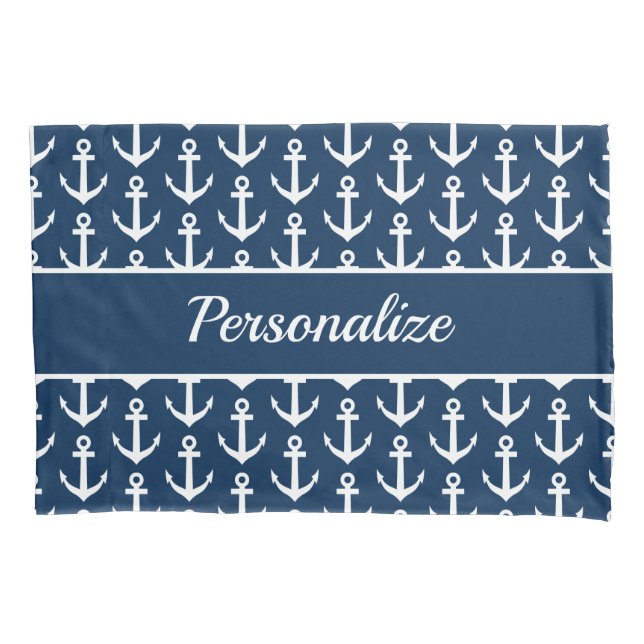 Navy blue and white nautical boat anchor custom pillowcase (Front)