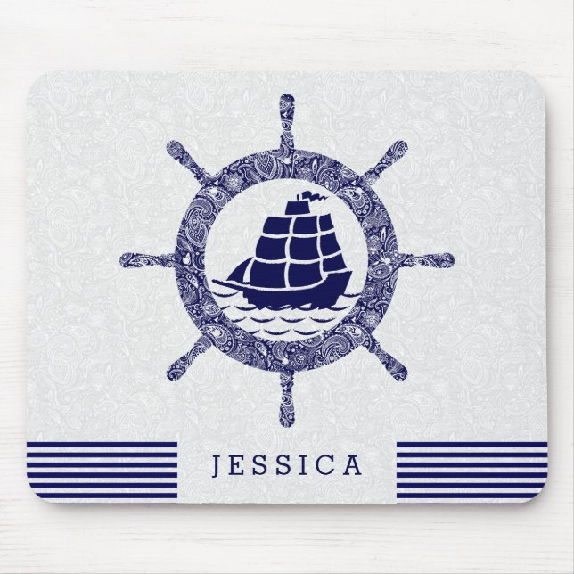 Navy Blue And White Nautical Boat Wheel Mouse Pad (Front)