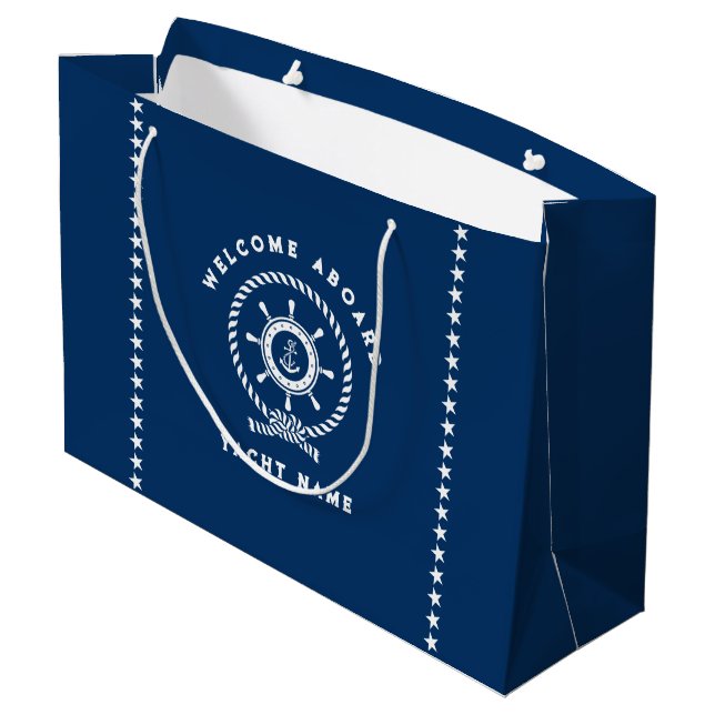 Navy blue and white nautical boat wheel rope knot large gift bag (Back Angled)