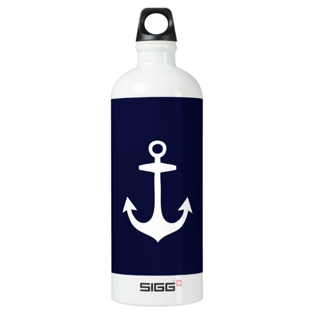 Navy Blue and White Nautical Inspired Water Bottle (Front)