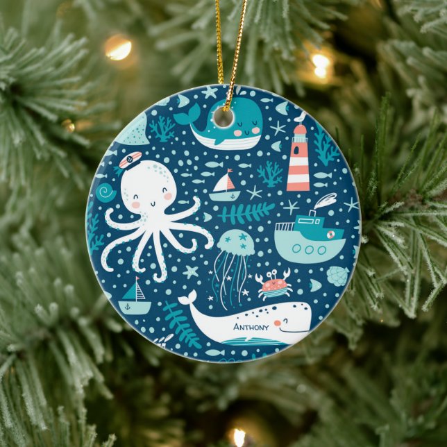 Navy Blue and White Nautical Ocean Boy Christmas Ceramic Ornament (Tree)