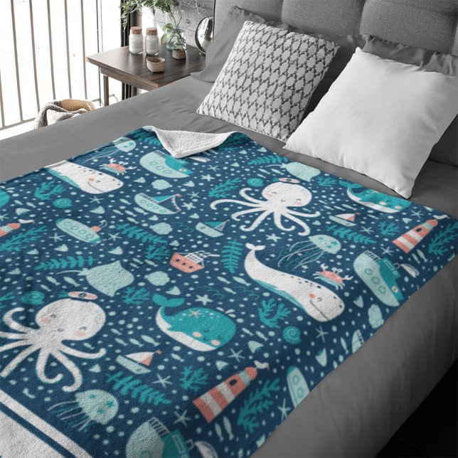 Navy Blue and White Nautical Ocean Pattern Boy Fleece Blanket (Creator Uploaded)