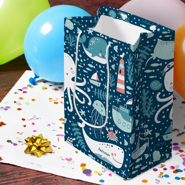 Navy Blue and White Nautical Ocean Pattern Boy Medium Gift Bag (Creator Uploaded)