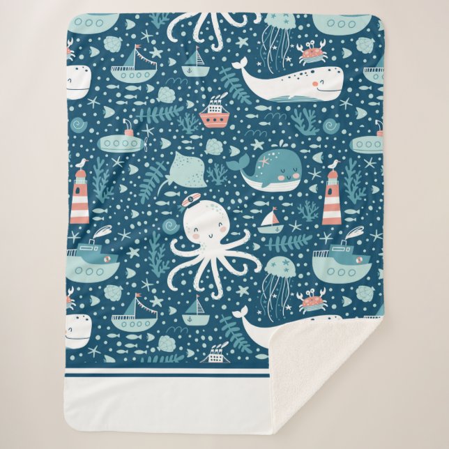 Navy Blue and White Nautical Ocean Pattern Boy Sherpa Blanket (Front)