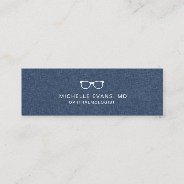 Navy Blue and White Ophthalmologist Glasses Logo Mini Business Card (Front)