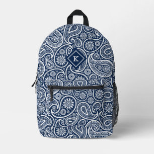Navy-blue and white paisley pattern monogram printed backpack