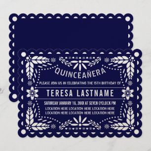 Navy blue and white papel picado Quinceañera Invitation