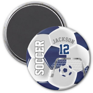 Navy Blue and White Personalise Soccer Ball Magnet