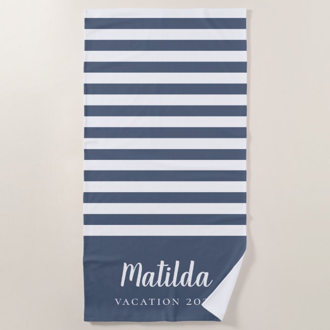navy blue and white personalised summer  beach towel (Front)