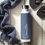 Navy Blue and White Personalised Water Bottle<br><div class="desc">This personalised insulated bottle features your name in white script typography over a navy blue background. Great for keeping those summertime drinks cold or for adding warm feeling for your loved ones over the cold months! Makes a great gift for her! Font styles, and colours can easily be customised by...</div>