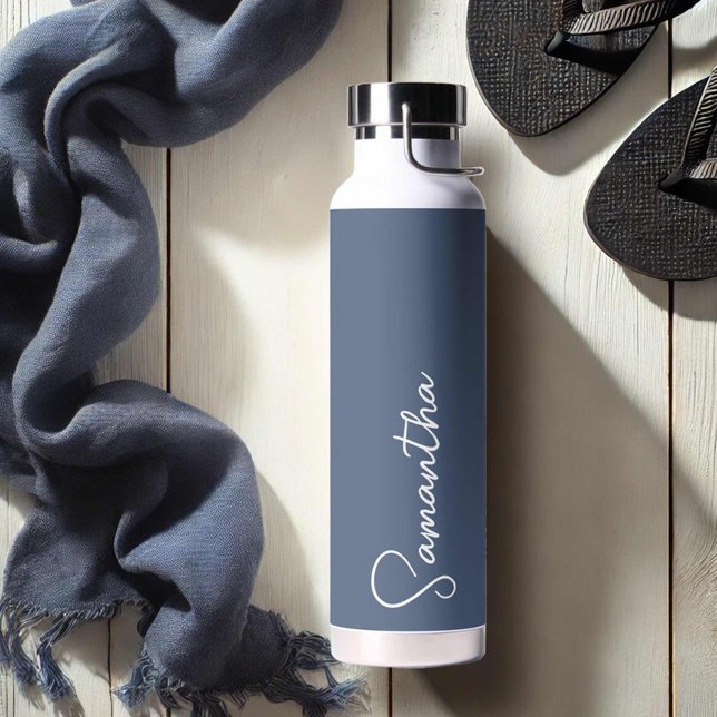 Navy Blue and White Personalised Water Bottle (Yoga water bottles personalized navy blue Do Tell A Belle)