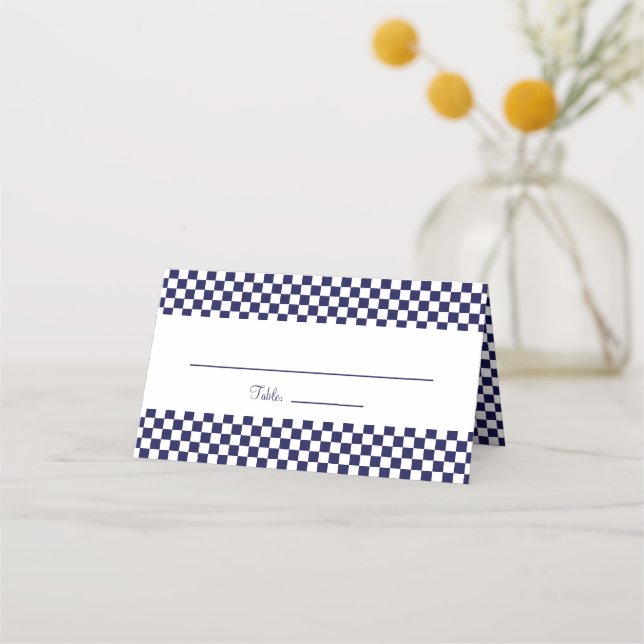 Navy Blue and White Petite Chequerboard Place Card (Front)