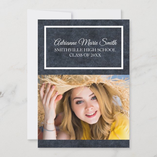 Navy Blue and White Photo Graduation Trunk Party Invitation (Front)