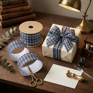 Navy Blue and White Plaid Tartan Satin Ribbon