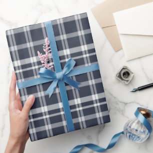 Navy Blue and White Plaid Tartan Wrapping Paper