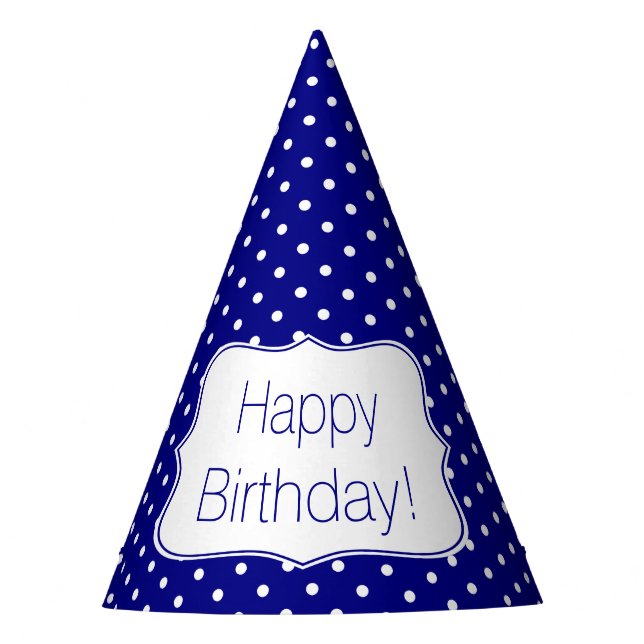 Navy Blue and White Polka Dot Birthday Party Hat (Front)