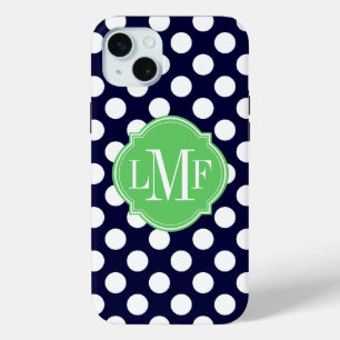 Navy Blue and White Polka Dot Pattern Monogram iPhone 15 Mini Case
