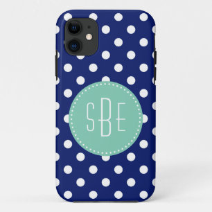 Navy blue and white polka dots with aqua monogram iPhone 11 case