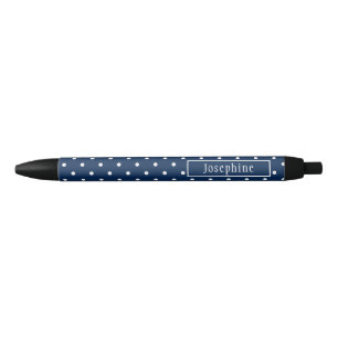 Navy Blue And White Polka Dots With Name Black Ink Pen
