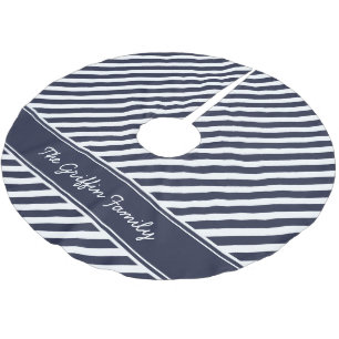 Navy Blue and White Preppy Stripes Monogram Brushed Polyester Tree Skirt