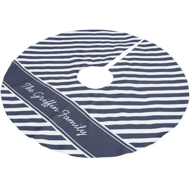 Navy Blue and White Preppy Stripes Monogram Brushed Polyester Tree Skirt (Angled)