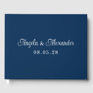 Navy Blue and White Pretty Curly Script Wedding Guest Book