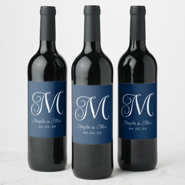 Navy Blue and White Pretty Curly Wedding Monogram Wine Label (Bottles)