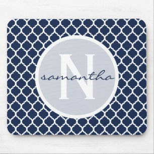 Navy Blue and White Quatrefoil Monogram Mouse Pad
