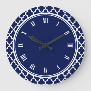 Navy Blue and White Quatrefoil Pattern Large Clock