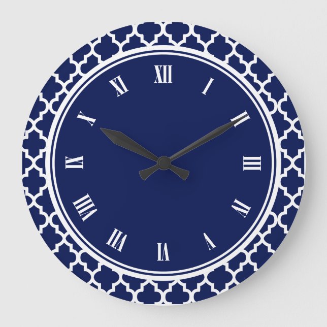 Navy Blue and White Quatrefoil Pattern Large Clock (Front)