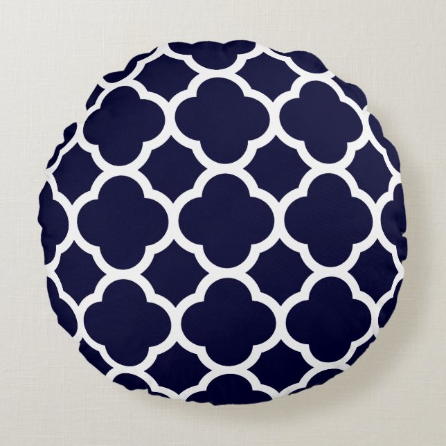 Navy Blue and White Quatrefoil Pattern Round Cushion (Front)