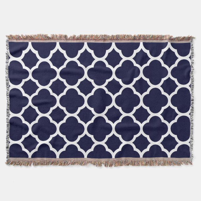 Navy Blue and White Quatrefoil Pattern Throw Blanket (Front)