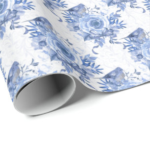 Navy Blue and White Rose Floral Wrapping Paper
