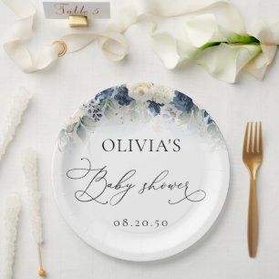 Navy Blue and White Roses Baby Shower Paper Plate