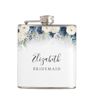 Navy Blue and White Roses Bridal Shower Flask
