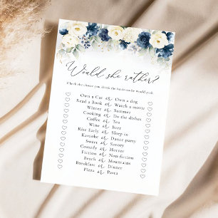 Navy Blue and White Roses Bridal Shower Game