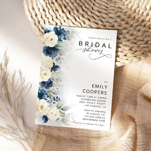 Navy Blue and White Roses Bridal Shower Invitation