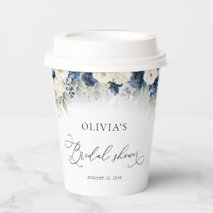 Navy Blue and White Roses Bridal Shower Paper Cups