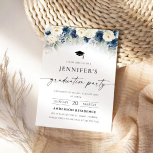 Navy Blue and White Roses Graduation Party Invitation