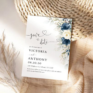 Navy Blue and White Roses Save The Date Card