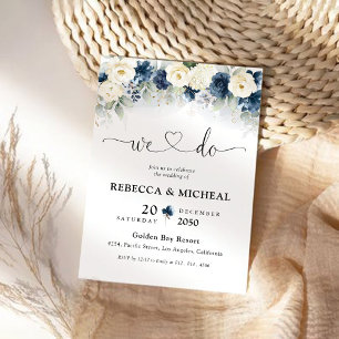 Navy Blue and White Roses Wedding Ceremony Invitation